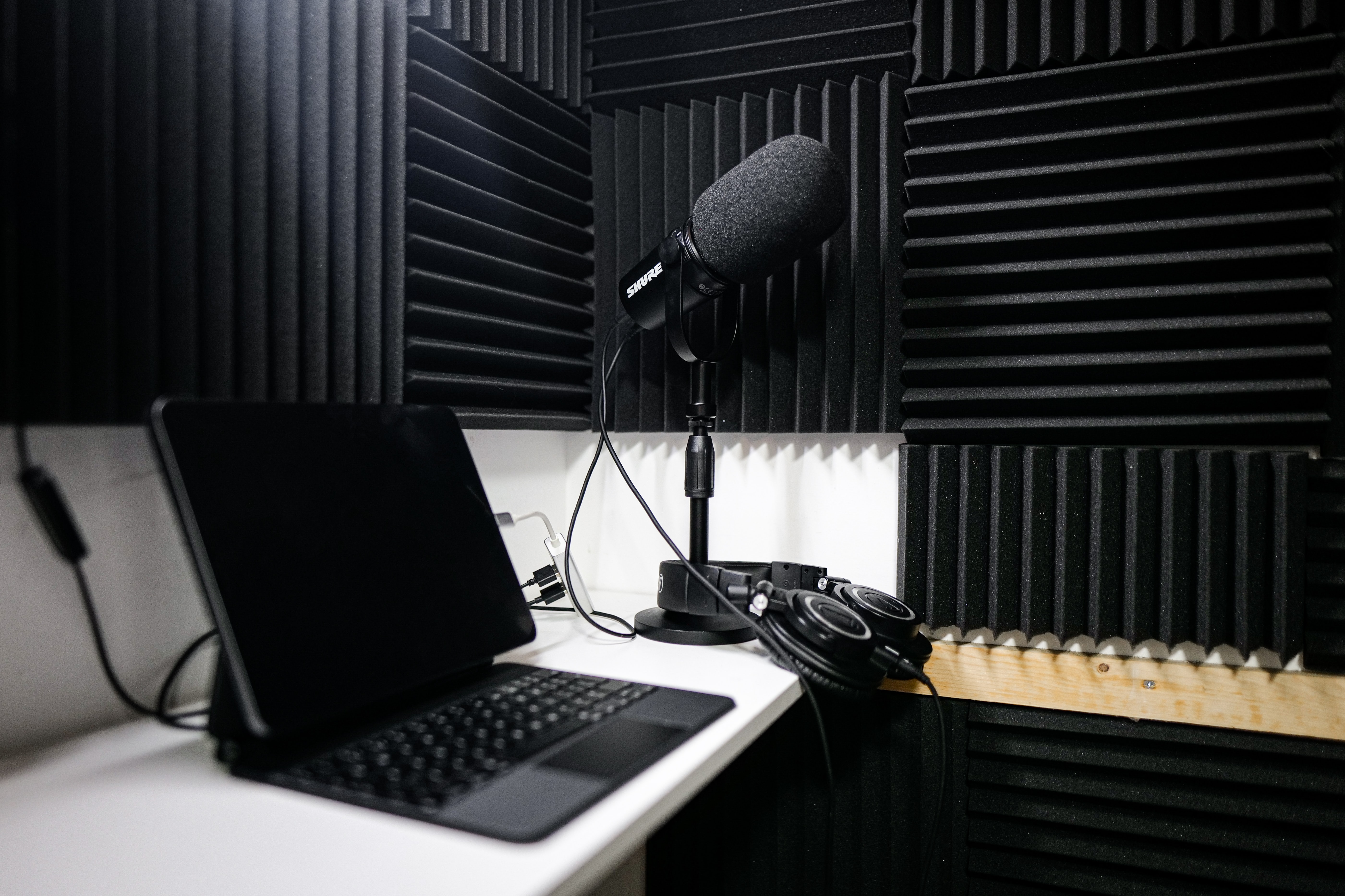 A podcast recording booth